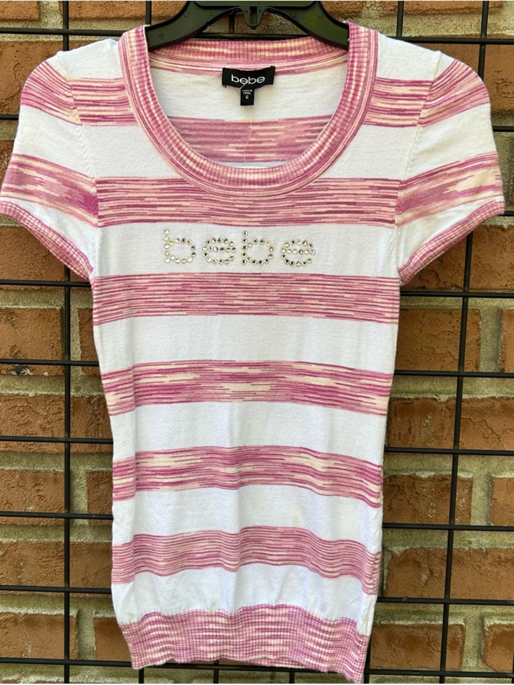 bebe Pink & White Striped Short Sleeve Knit Top NWT